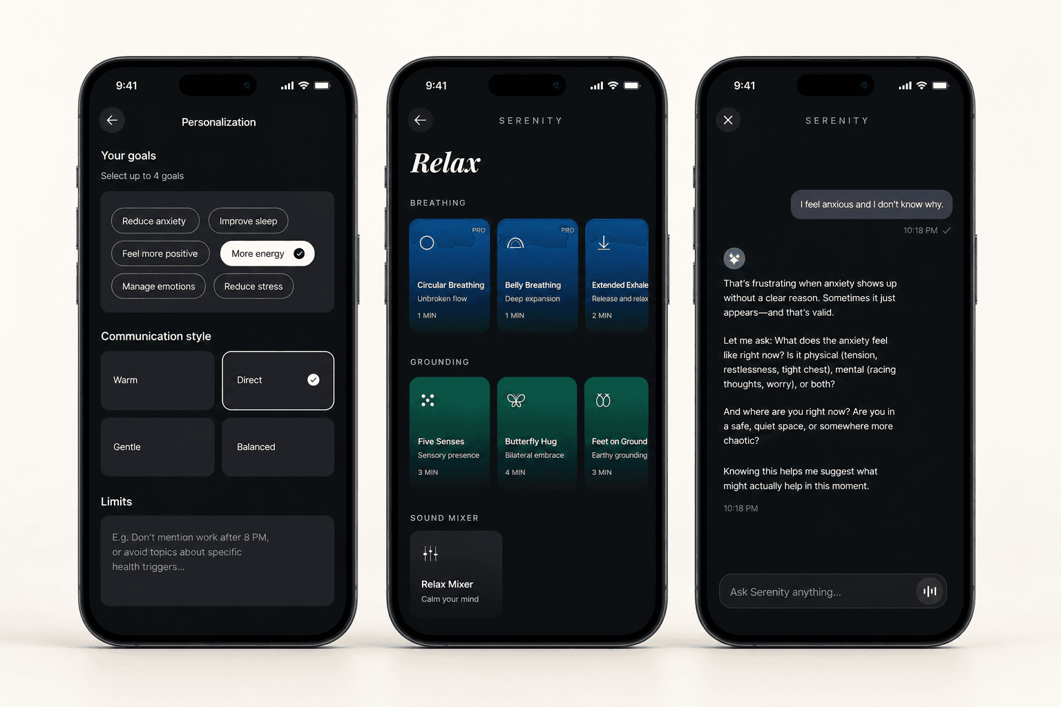 Three Serenity app screens showing personalization, guided practices, and chat.
