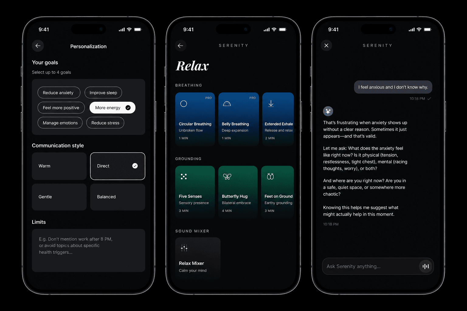 Three Serenity app screens showing personalization, guided practices, and chat.