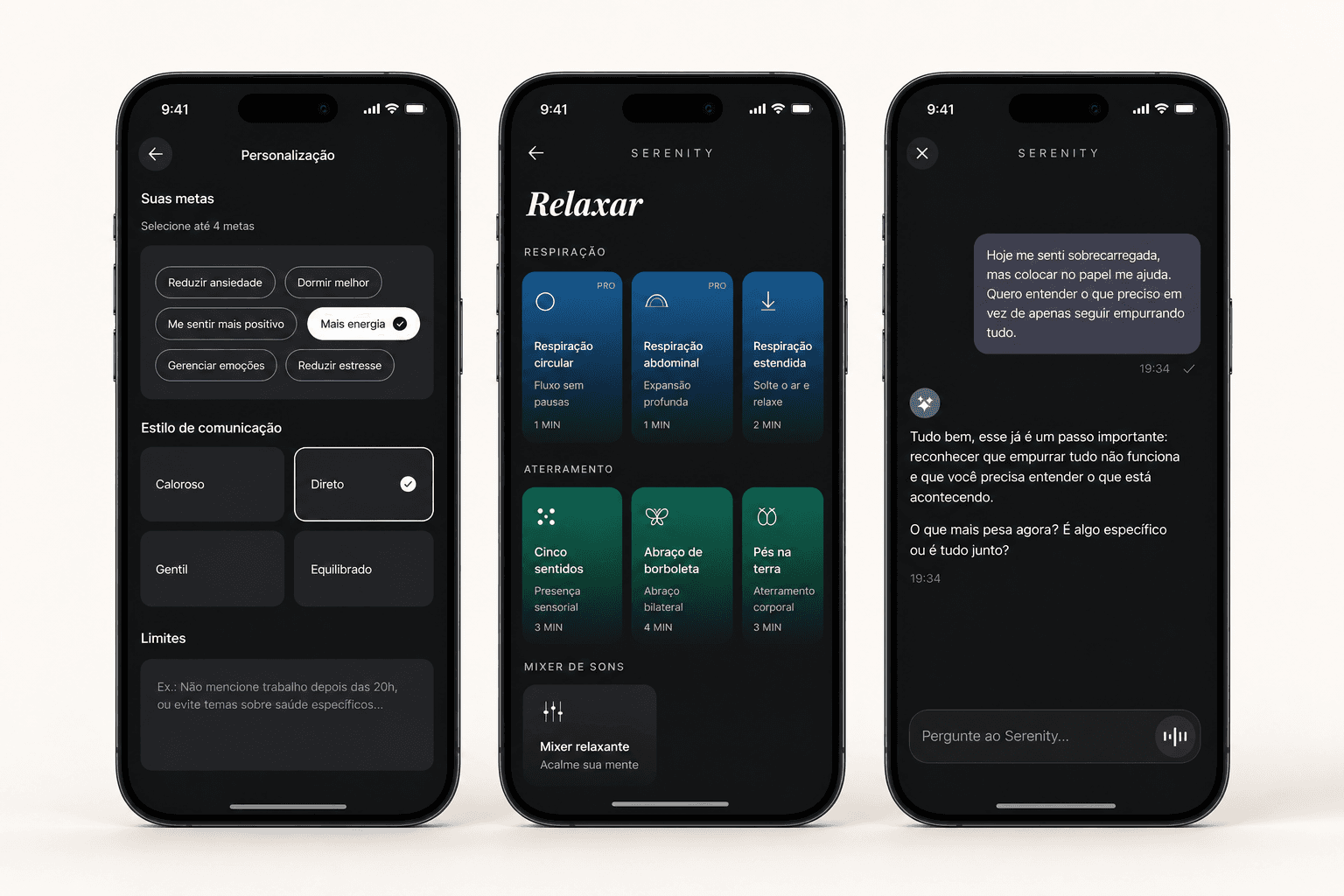 Três telas do Serenity mostrando personalização, práticas guiadas e chat.