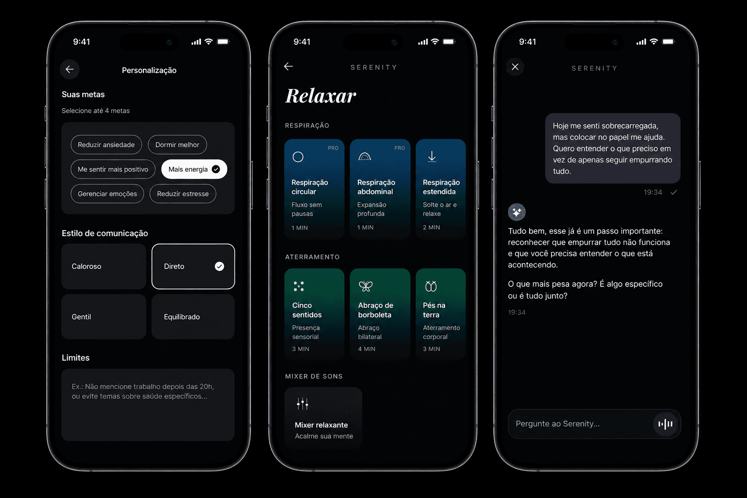 Três telas do Serenity mostrando personalização, práticas guiadas e chat.